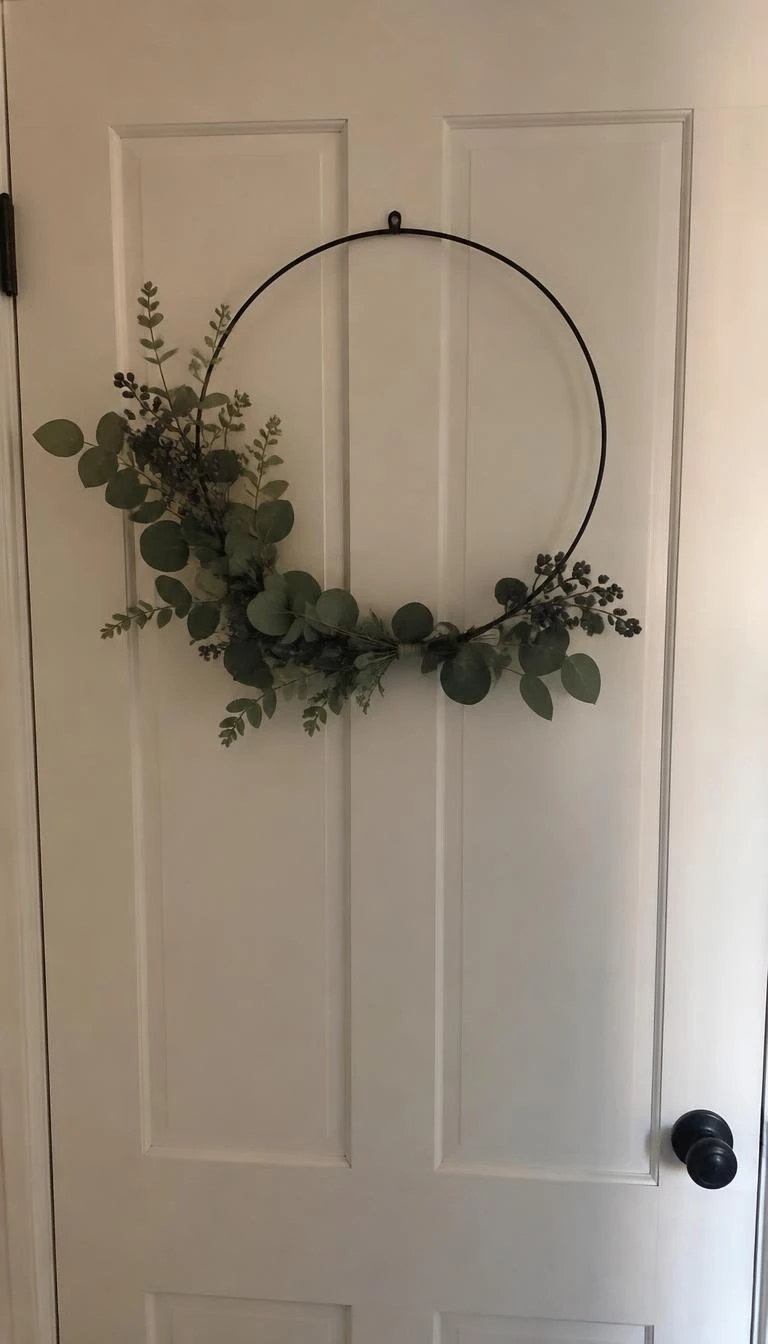 A candid, realistic iPhone photograph of a painted interior door displaying a thin black metal hoop wreath with an asymmetrical cluster of eucalyptus leaves and small dark berries, soft indoor lighting.
