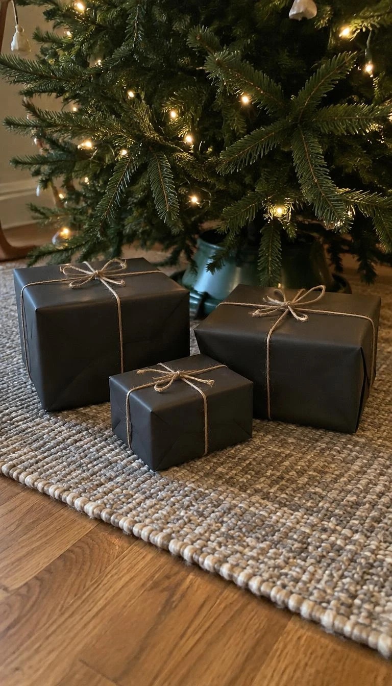 A candid, realistic iPhone photograph of a hardwood floor beneath a Christmas tree where three gifts wrapped in matte charcoal paper and tied with plain brown jute twine rest quietly on a wool rug.