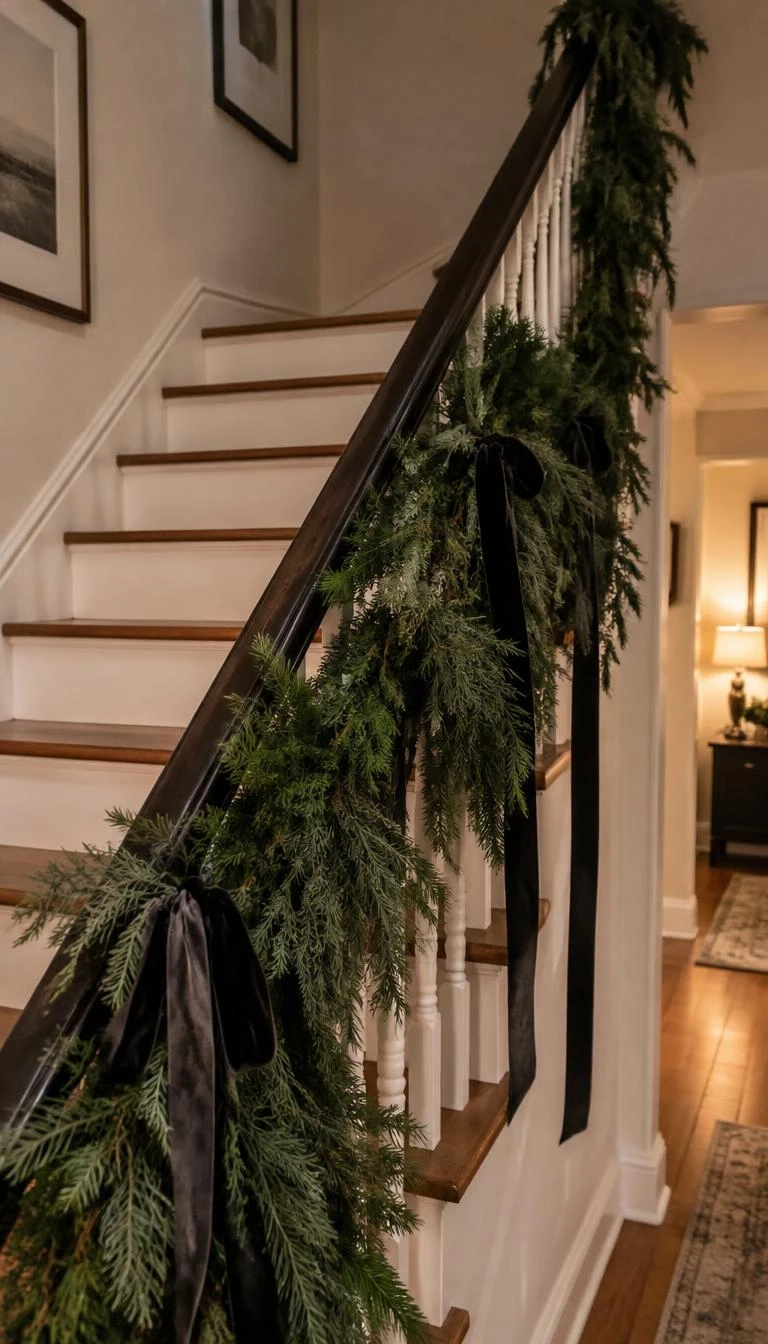 A candid, realistic iPhone photograph of a staircase banister wrapped in thick natural pine garland, woven with narrow charcoal velvet ribbon tied in loose trailing knots, warm hallway lamp glowing softly in the background.