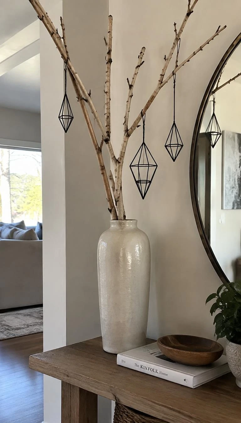 A candid, realistic iPhone photograph of an entryway console table with a tall ceramic vase holding three bare birch branches, hung with delicate black geometric wire ornaments, illuminated by soft natural window lighting.