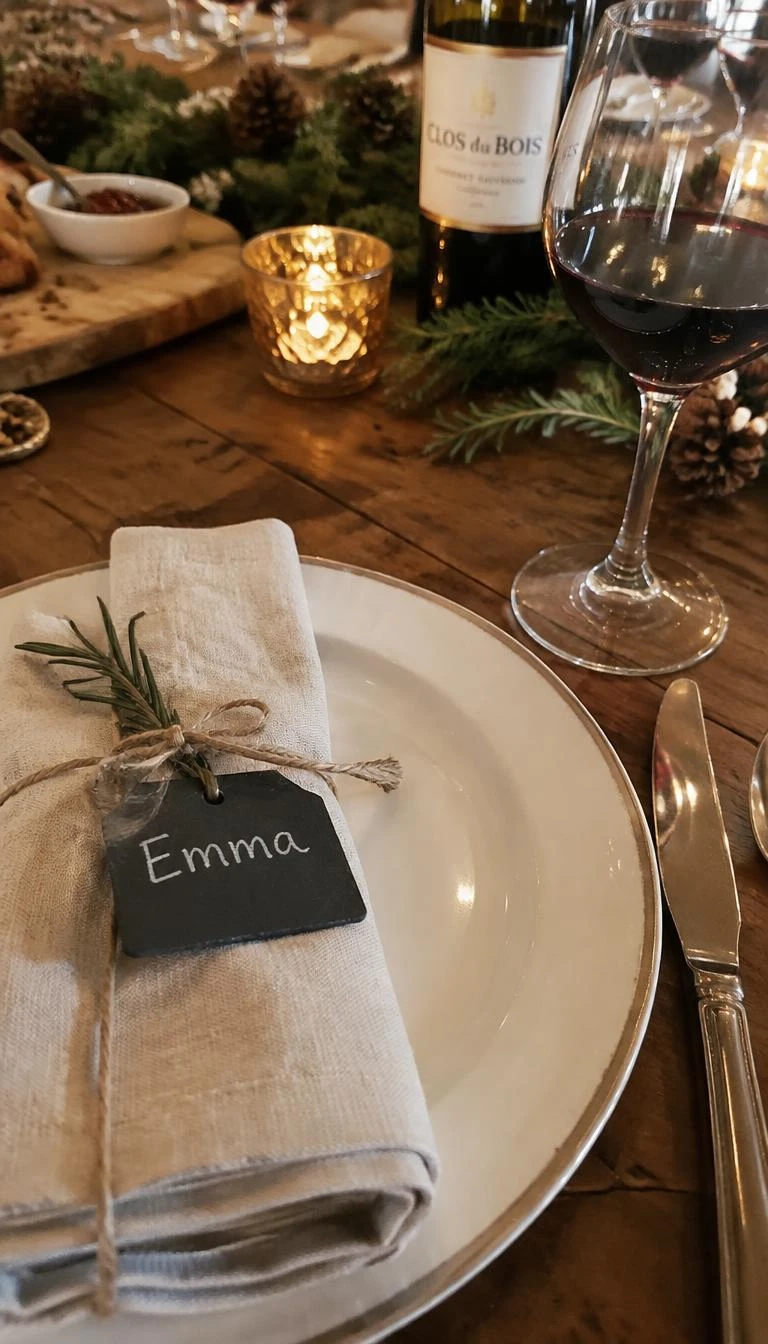 A candid, realistic iPhone photograph of a holiday dining table setting featuring a natural linen napkin tied with string and a miniature slate tag with handwritten name, next to a wine glass.