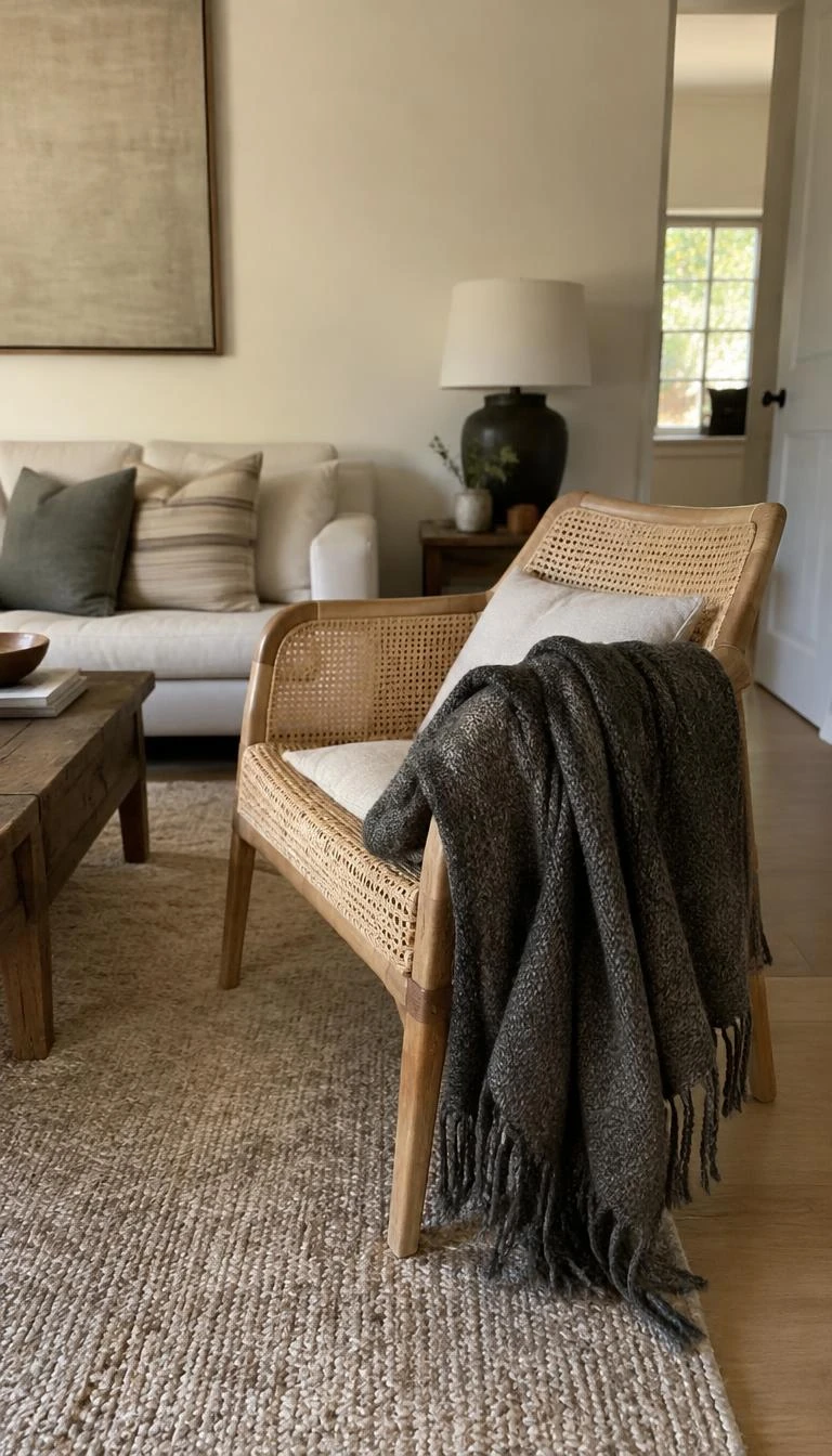 A candid, realistic iPhone photograph of a cozy living room seating area with a natural cane armchair draped with a thick charcoal wool throw blanket and a simple down pillow.