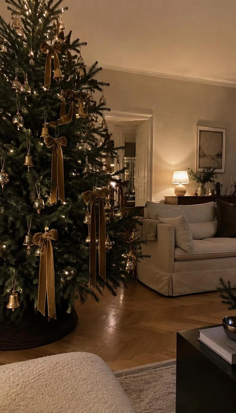Pair Polished Brass with Muted Ochre Ribbons A candid, realistic iPhone photograph of a living room with a Christmas tree, accented with small brass bells and mustard ochre velvet ribbons hanging down midnight branches, warm ambient glow illuminating a linen sofa and herringbone parquet floor.