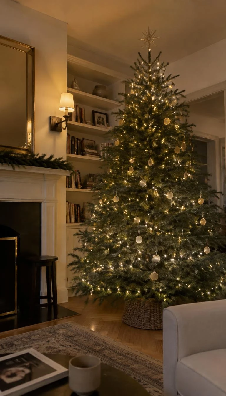 Cluster Flat Unlacquered Brass Disks Along the Outer Tips A candid, realistic iPhone photograph of a living room with a Christmas tree, small flat brass coin disks hanging loosely from branch tips, reflecting warm table lamps in a quiet living space.
