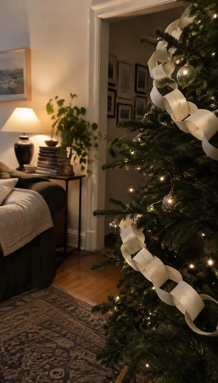 Weave Dry Parchment and Paper Garland Through the Center A candid, realistic iPhone photograph of a living room with a Christmas tree, featuring a crinkled cream parchment paper chain looping lazily through dark needles, soft lamp illumination beside a stack of old books on a side table.