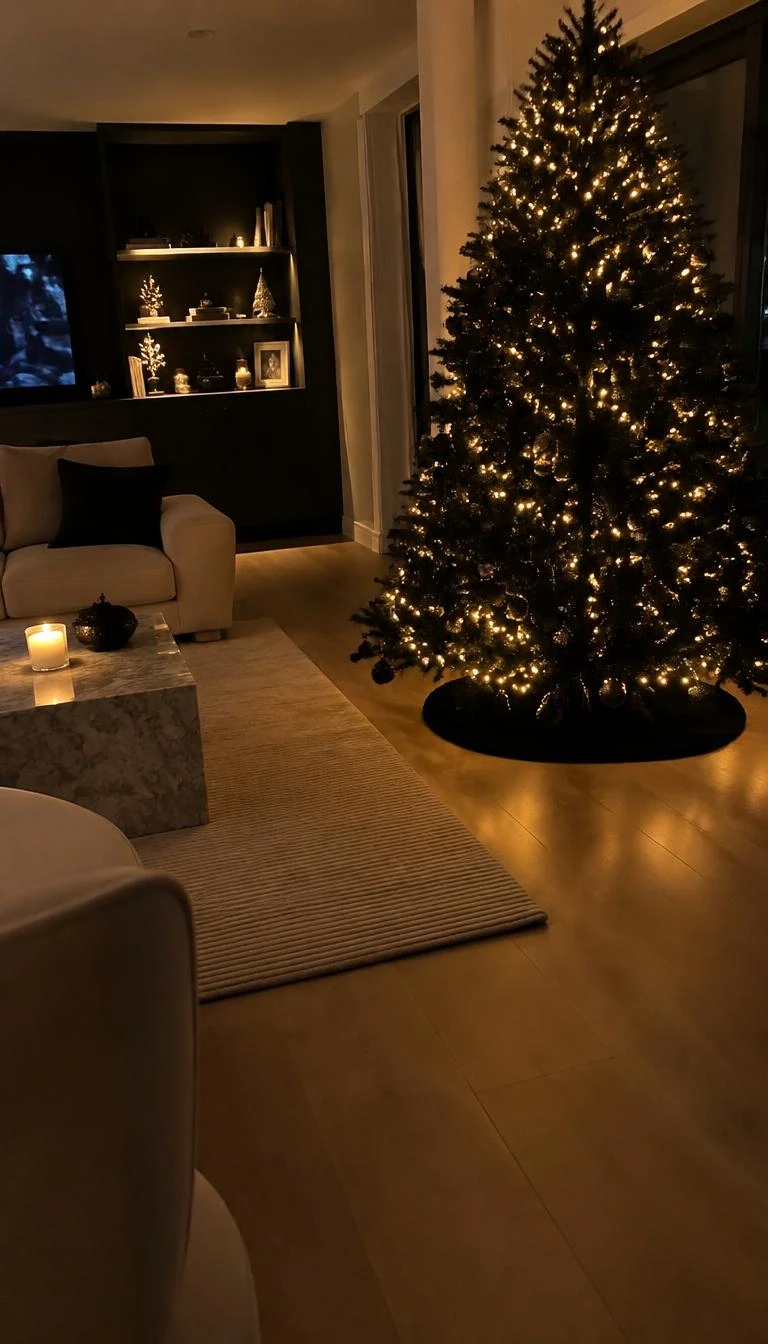 Layer Warm Amber Micro Lights Deep Inside the Branches A candid, realistic iPhone photograph of a living room with a Christmas tree, featuring dense warm amber micro fairy lights tucked deep inside jet black branches, gentle golden glow casting onto light oak wood flooring, soft evening shadows filling the room.