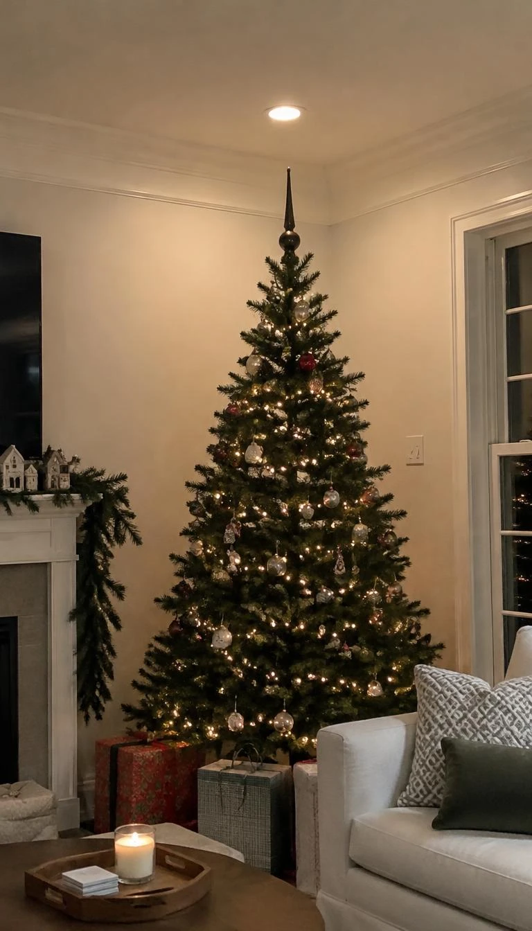 Top the Tree with a Sculptural Iron Finial Instead of a Star A candid, realistic iPhone photograph of a living room with a Christmas tree, topped with an understated slender wrought iron spire finial against an off white wall, soft ceiling light illuminating the room.