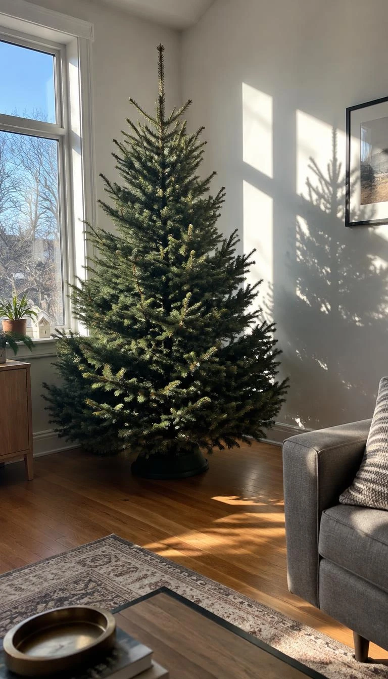 Keep the Tree Bare in a Sunlit Corner A candid, realistic iPhone photograph of a living room with a Christmas tree, standing completely bare without ornaments in a bright room corner, sharp morning sunlight casting geometric branch shadows onto a white wall.