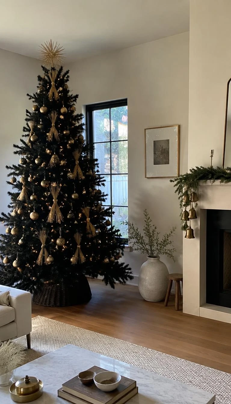 Incorporate Pale Wheat and Barley Sheaves A candid, realistic iPhone photograph of a living room with a Christmas tree, small tied bundles of golden dried wheat tucked into dark black branches, natural daylight filling a quiet minimalist interior.