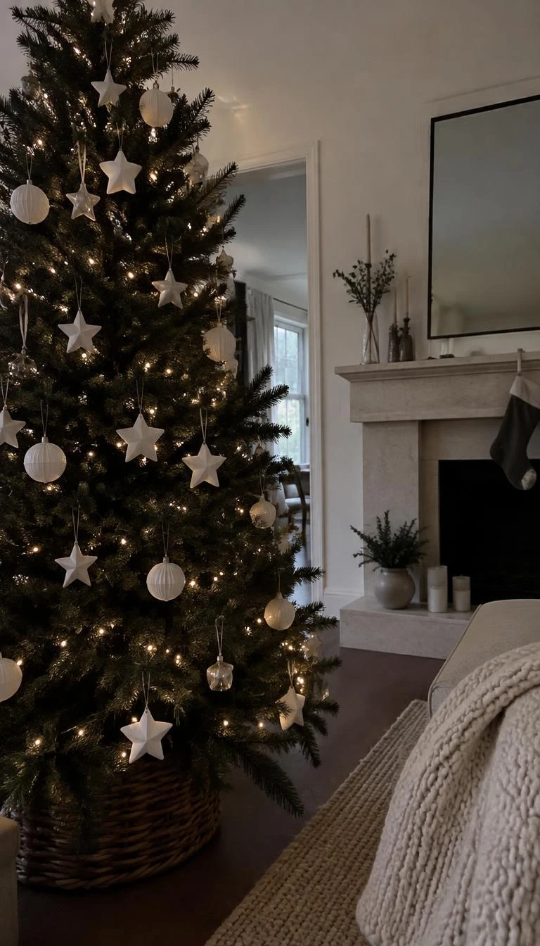 Use Alabaster White Ceramic Stars as Sharp Focal Points A candid, realistic iPhone photograph of a living room with a Christmas tree, unglazed white ceramic stars and paper disks hanging across dense black spruce branches, neutral stone fireplace and wool throw visible in background.