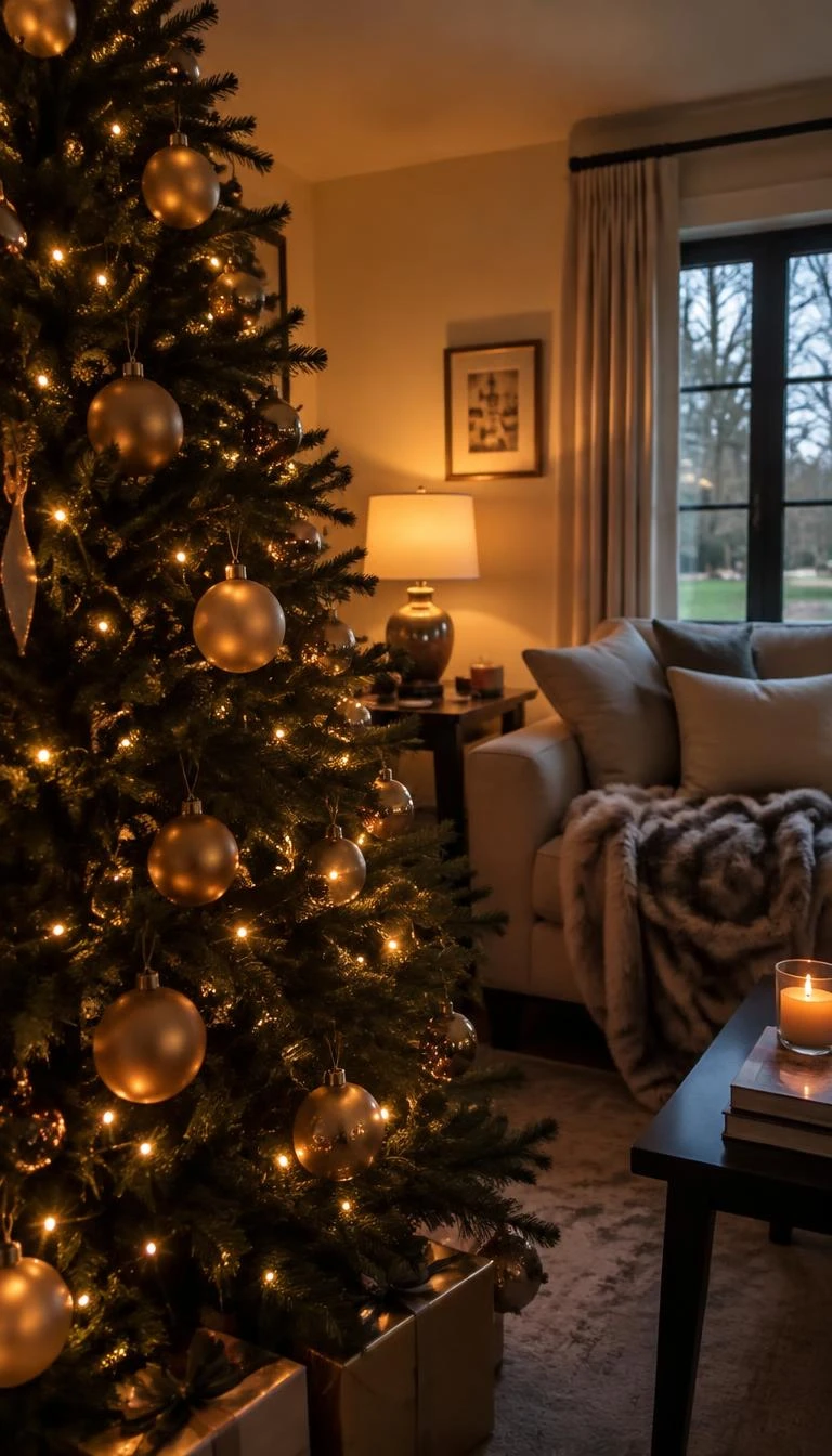 Use Frosted Smoked Amber Globes A candid, realistic iPhone photograph of a living room with a Christmas tree, translucent matte amber globes glowing against black spruce needles, warm lamplight from a side table reflecting off the glass.