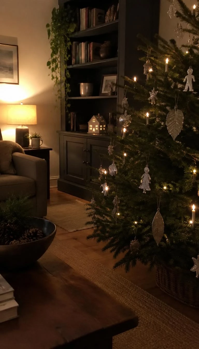 Hang Flat Brushed Pewter and Tin Ornaments A candid, realistic iPhone photograph of a living room with a Christmas tree, displaying pressed pewter leaves and thin tin figures hanging from black pine twigs, ambient evening lamp glowing near a dark painted bookshelf.