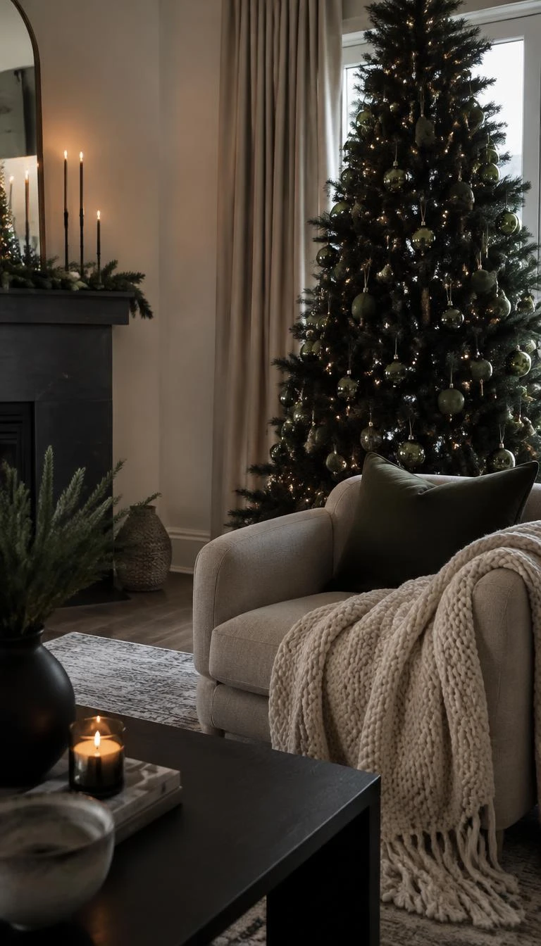 Introduce Olive Green Glass and Moss Pendants A candid, realistic iPhone photograph of a living room with a Christmas tree, decorated with deep olive green glass spheres and small velvet moss balls on black foliage, a cozy armchair and knitted throw nearby.