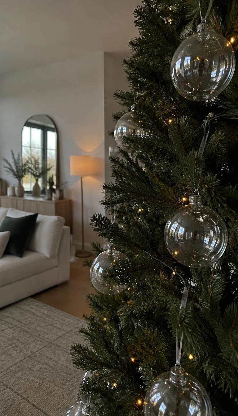 Use Translucent Clear Glass Bubbles for Negative Space A candid, realistic iPhone photograph of a living room with a Christmas tree, clear hand blown glass spheres resting across dark needles, catching window reflections in a warm modern living room.