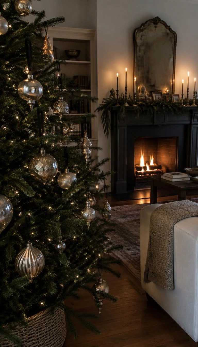 Combine Tarnished Silver Balls with Black Satin Ties A candid, realistic iPhone photograph of a living room with a Christmas tree, vintage tarnished mercury glass ornaments suspended by narrow black satin ribbons on dark branches, warm firelight flickering in a hearth nearby.