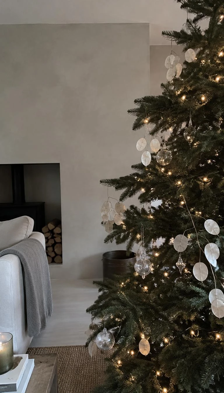 Contrast Dense Branches with Delicate Dried Lunaria Pods A candid, realistic iPhone photograph of a living room with a Christmas tree, translucent dried honesty seed pods tucked into dark needles with faint warm fairy lighting, soft grey plaster background and minimal living room setting.