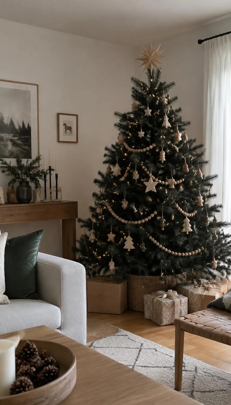 Incorporate Raw Wood and Bleached Cedar Ornaments A candid, realistic iPhone photograph of a living room with a Christmas tree, displaying pale turned beechwood beads and flat unfinished cedar shapes against dark black pine needles, soft daylight entering from an adjacent sheer curtained window.
