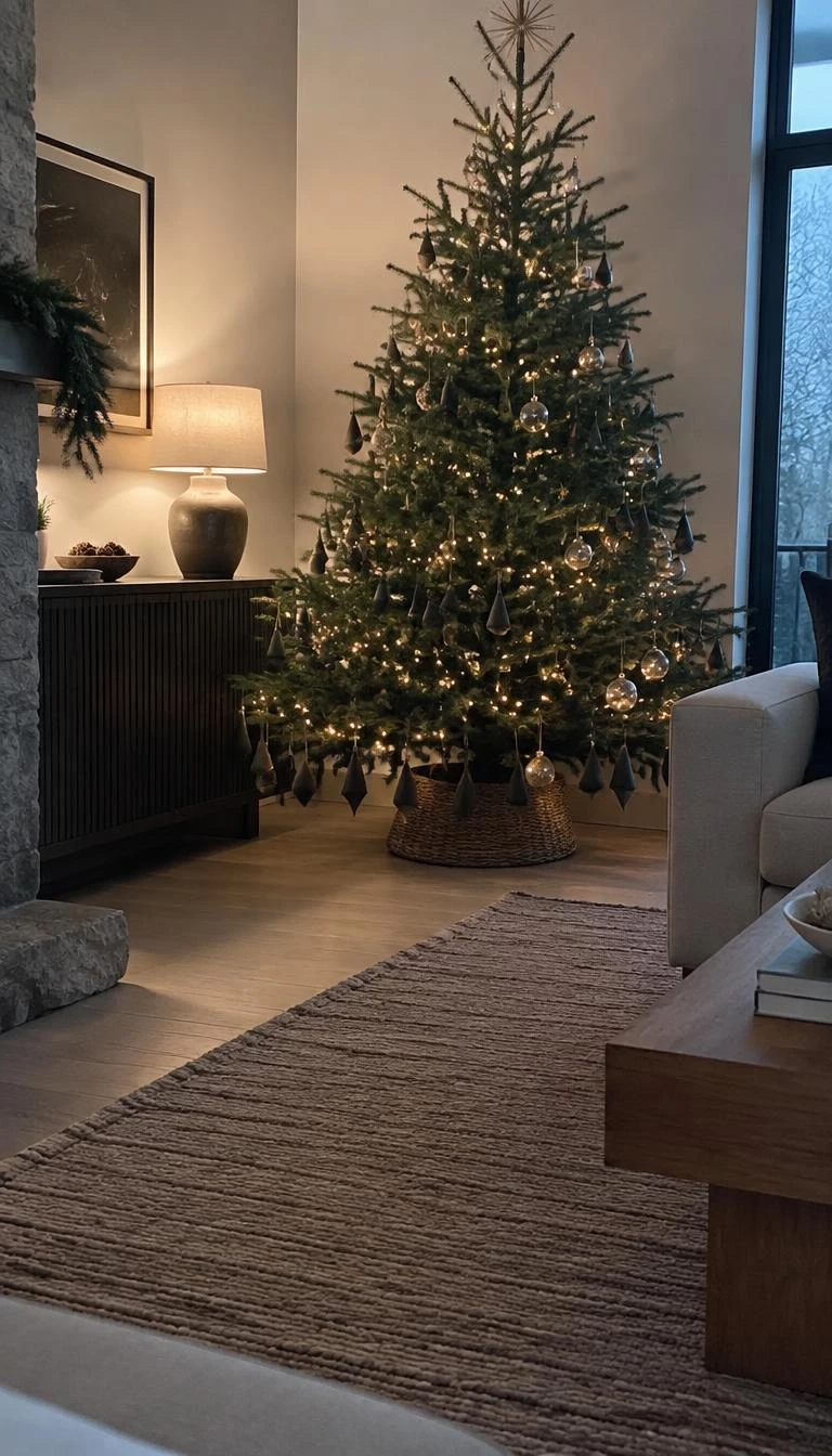 Group Matte Charcoal Ceramic Cones Near the Bottom A candid, realistic iPhone photograph of a living room with a Christmas tree, heavy charcoal unglazed ceramic cone ornaments hanging along the lower branch tiers, soft lamp illumination beside a wool runner.