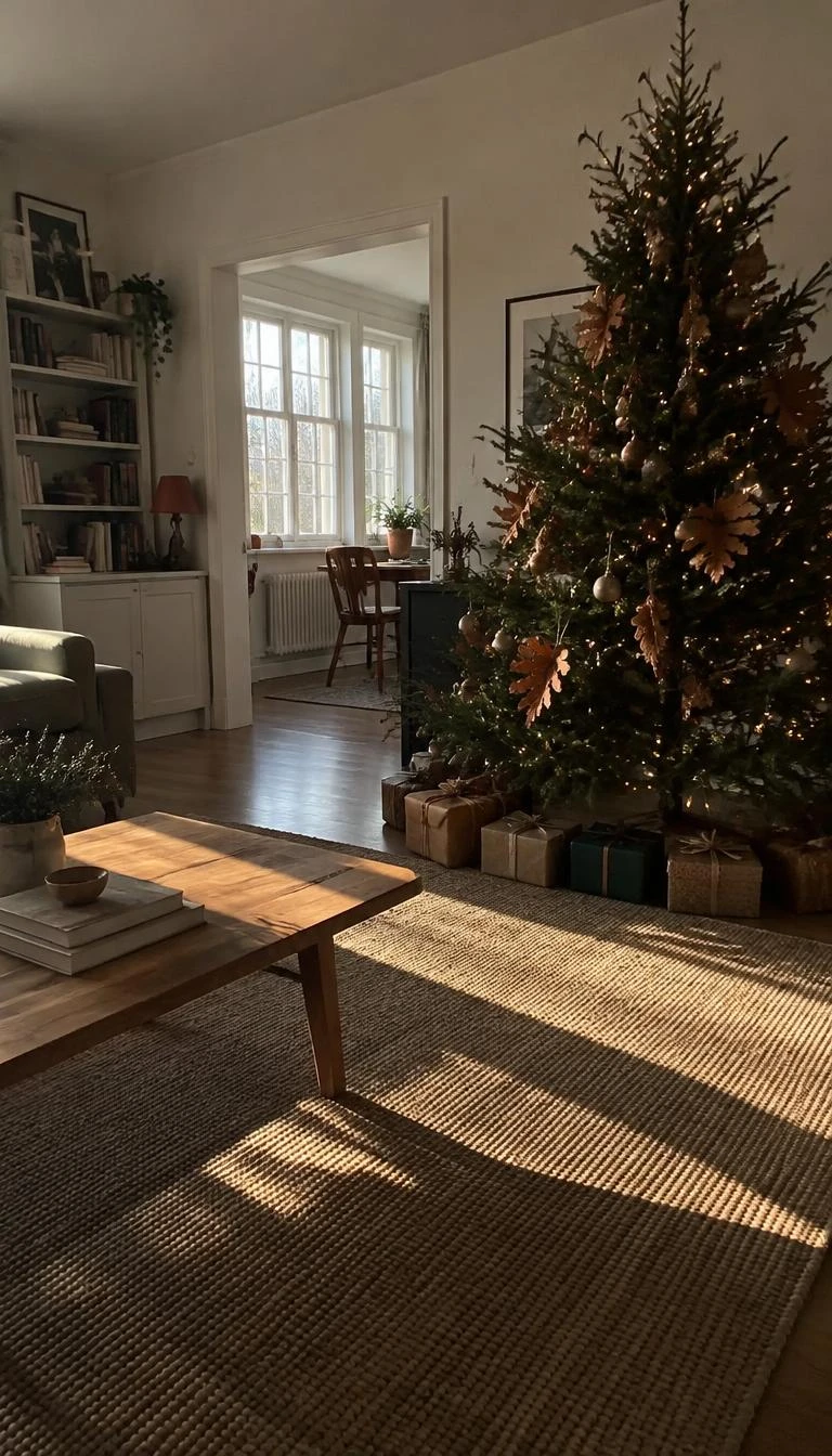 Blend Preserved Oak Leaves and Brown Beech Stems A candid, realistic iPhone photograph of a living room with a Christmas tree, featuring russet brown dried oak leaves tucked between inky branches, low afternoon sunlight casting long shadows over a wool rug.