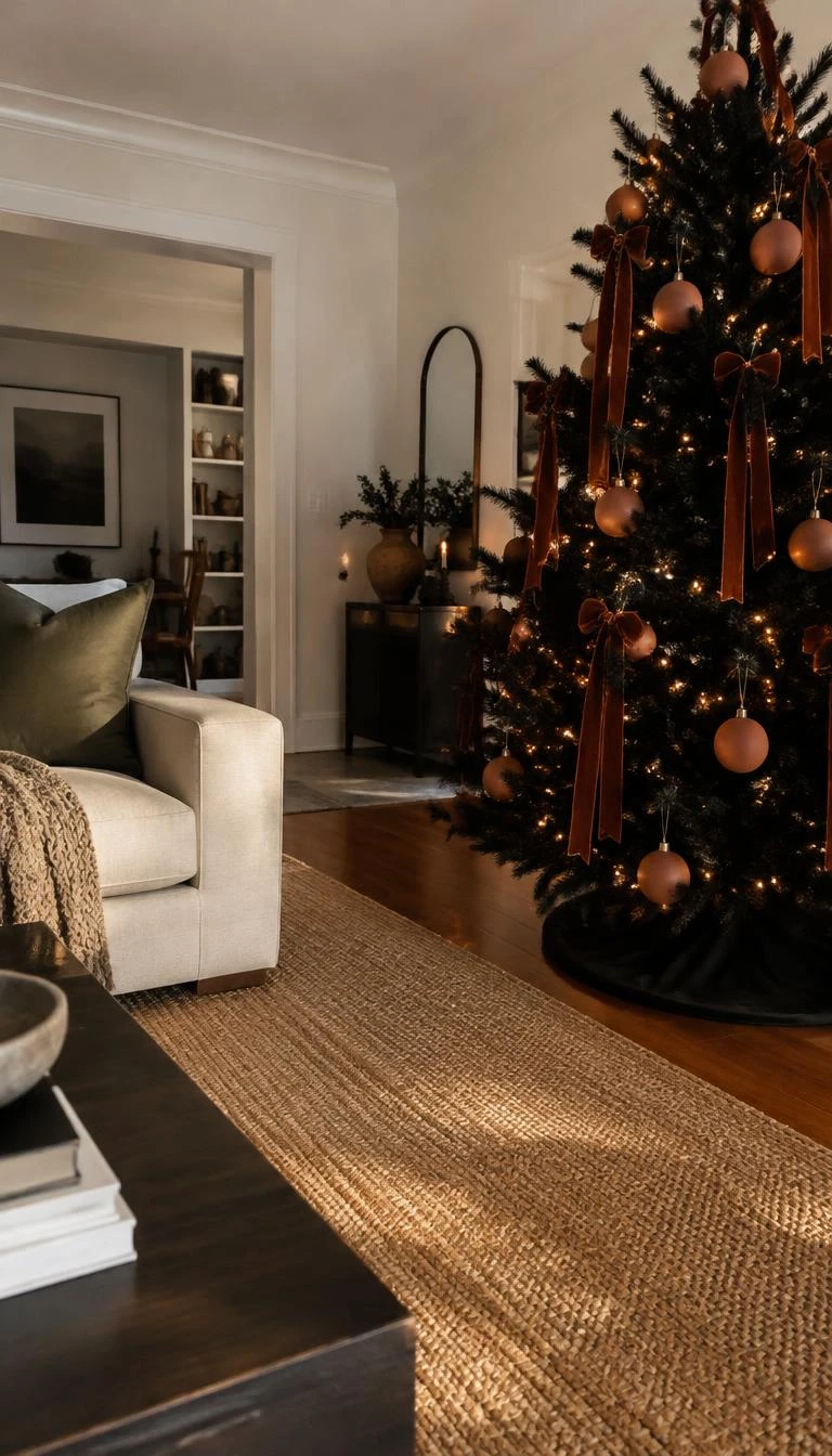 Introduce Dried Terracotta and Rust Red Elements A candid, realistic iPhone photograph of a living room with a Christmas tree, decorated with terracotta clay baubles and rust velvet ribbon strands on black branches, warm light reflecting off a woven sisal rug on hardwood.
