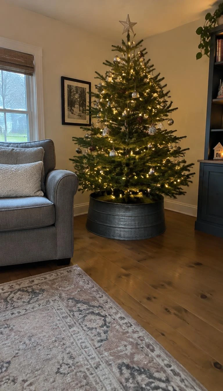 Anchor the Base with a Heavy Galvanized Metal Collar A candid, realistic iPhone photograph of a living room with a Christmas tree, set inside a matte charcoal galvanized steel bucket collar, standing on a wide plank pine floor near an upholstered grey armchair.