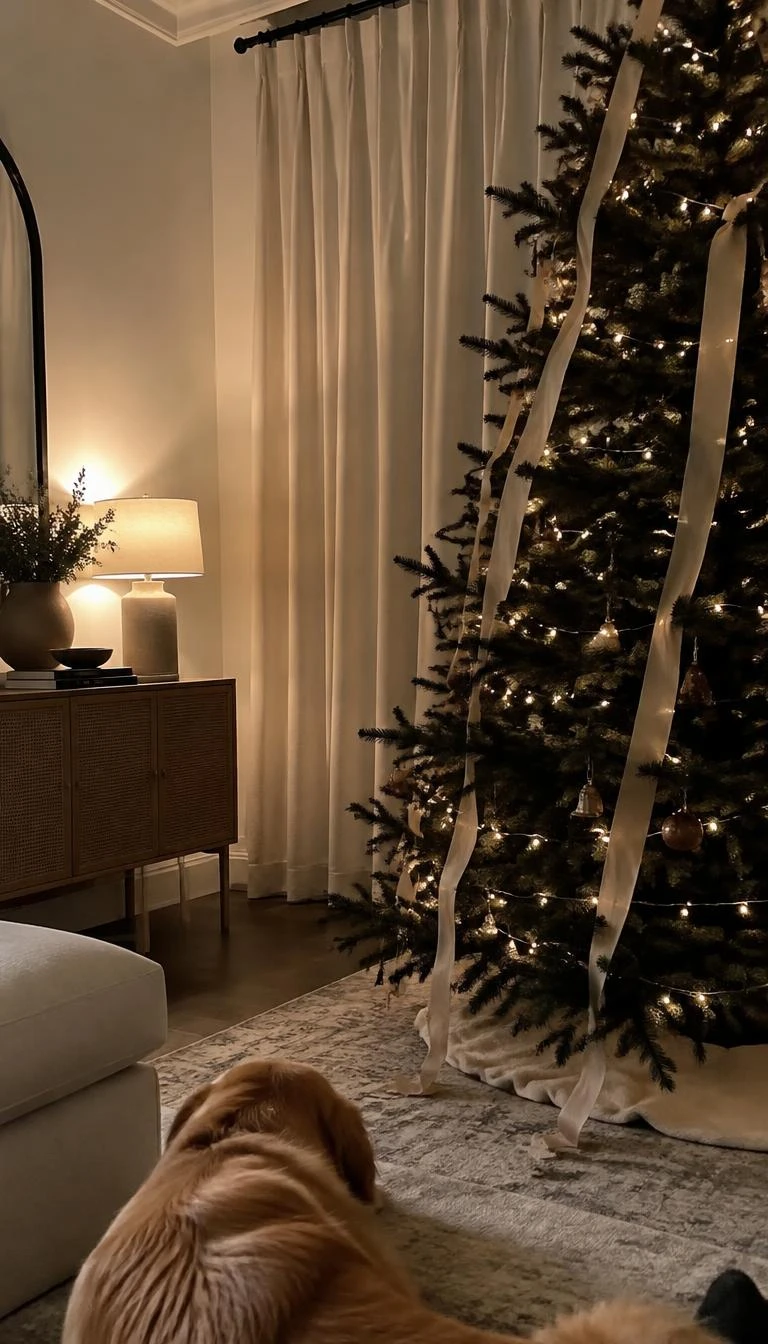 Drape Fine Raw Silk Ribbons Vertically A candid, realistic iPhone photograph of a living room with a Christmas tree, featuring long narrow sand colored raw silk ribbons trailing down through black pine needles, soft lamplight reflecting on a nearby linen curtain.