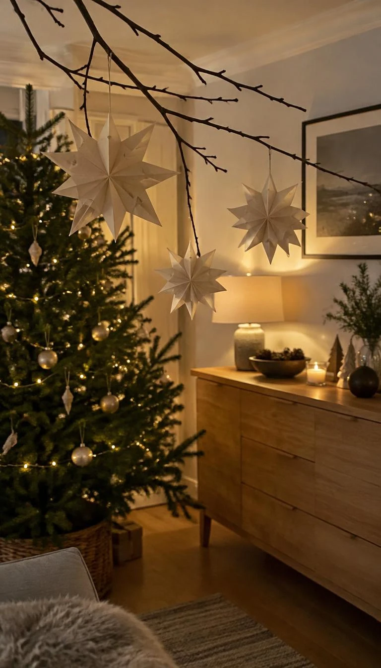 Display White Paper Lanterns and Folded Stars A candid, realistic iPhone photograph of a living room with a Christmas tree, three dimensional cream folded paper star ornaments suspended across black branches, warm domestic lighting on an oak sideboard nearby.
