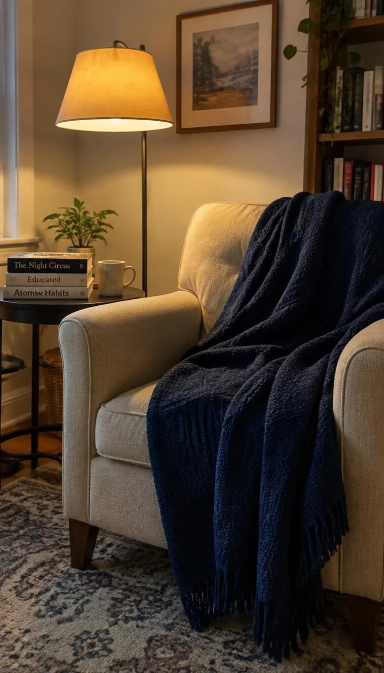 Drape Heavy Wool Indigo Throws Over Neutral Armchairs A candid, realistic iPhone photograph of a cozy reading nook, showing an oat colored linen armchair draped with a heavy indigo blue wool blanket, a warm floor reading lamp casting soft light, stack of books nearby.