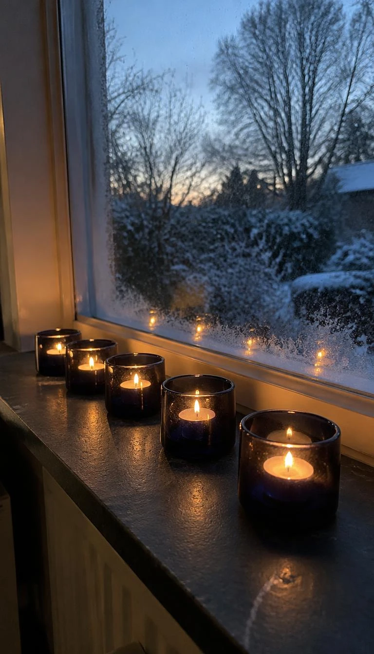 Group Indigo Glass Votive Holders on Stone Windowsills A candid, realistic iPhone photograph of a wide slate windowsill holding five small indigo glass votive cups with burning tea lights, frosty window pane showing dusk winter garden outside, warm soft reflections.