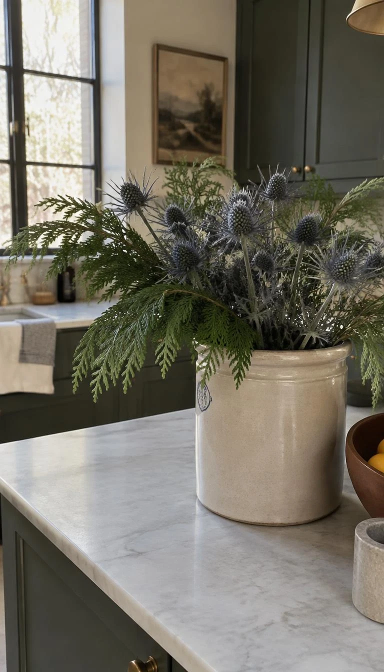 Display Dried Blue Thistle Stems with Fresh Cedar A candid, realistic iPhone photograph of a kitchen island corner, showing an earthenware crock filled with dried blue sea holly thistle stems mixed with fresh flat cedar boughs, natural daytime window illumination.