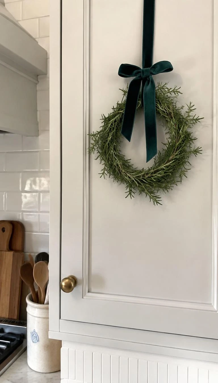 Dress a Kitchen Wreath with Dark Teal Velvet A candid, realistic iPhone photograph of a cream painted kitchen cabinet door holding a small fresh rosemary wreath tied with a dark teal velvet ribbon bow, morning light on white subway tile background.