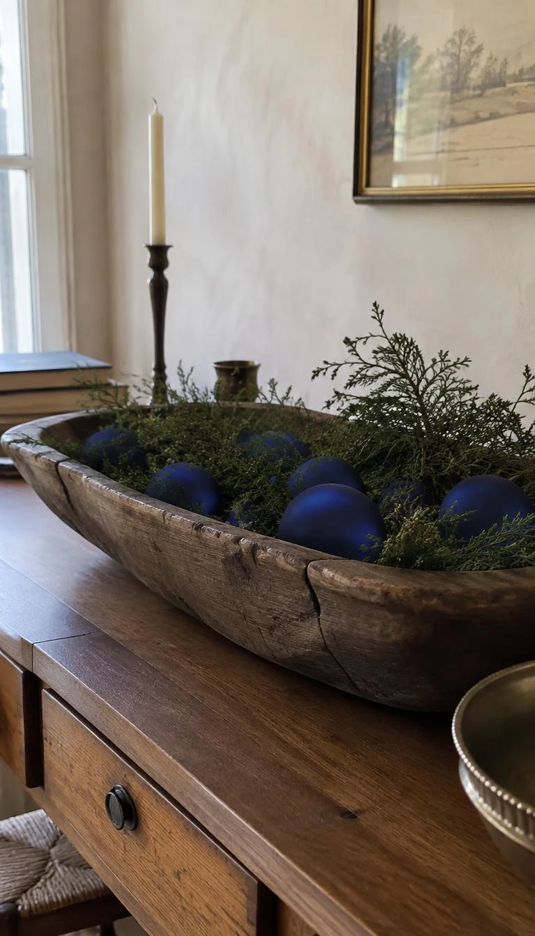 Pair Matte Cobalt Baubles with Raw Wood Bowls A candid, realistic iPhone photograph of a rustic dining room side table, showing an antique carved wooden bowl filled with round matte cobalt glass ornaments and cedar twigs, soft diffused window light, unpolished plaster wall background.