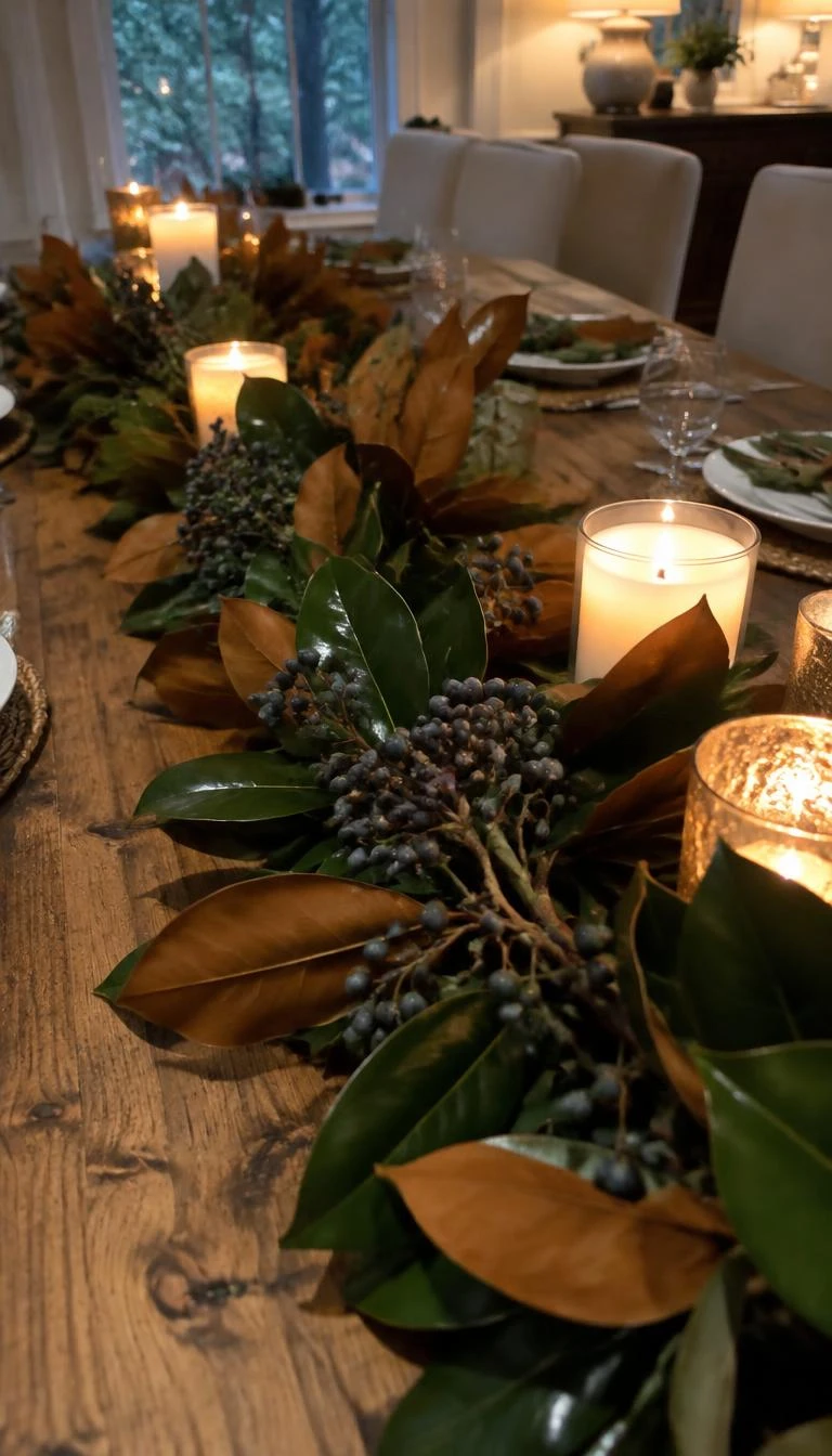 Tuck Blueberry Sprigs into a Magnolia Leaf Centerpiece A candid, realistic iPhone photograph of a long rustic dining table centerpiece made of glossy dark green and brown magnolia leaves, accented with small clusters of dried blueberries, soft candlelit atmosphere.