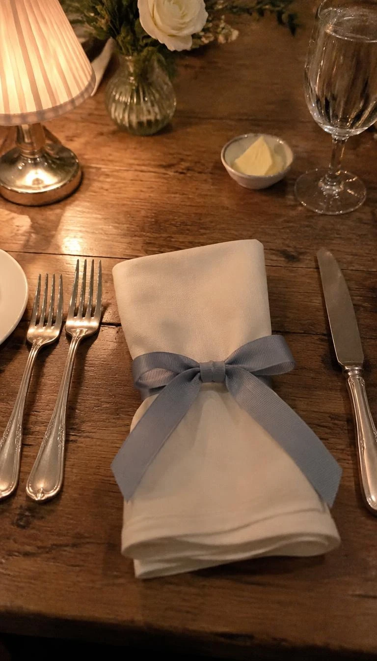 Tie Sky Blue Grosgrain Around Crisp White Cloth Napkins A candid, realistic iPhone photograph of an intimate dinner table place setting, showing a folded white cotton napkin tied with a simple sky blue grosgrain ribbon bow, flatware resting on worn wood, soft lamp illumination.