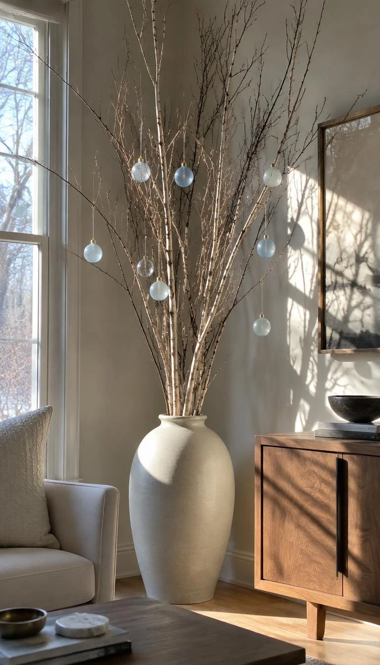 Float Pale Blue Frosted Glass Ornaments on Bare Birch Branches A candid, realistic iPhone photograph of a corner of a sunlit living room, showing tall bare birch branches in a large ceramic floor jug hung with delicate pale blue frosted glass globes, morning sun casting branch shadows.