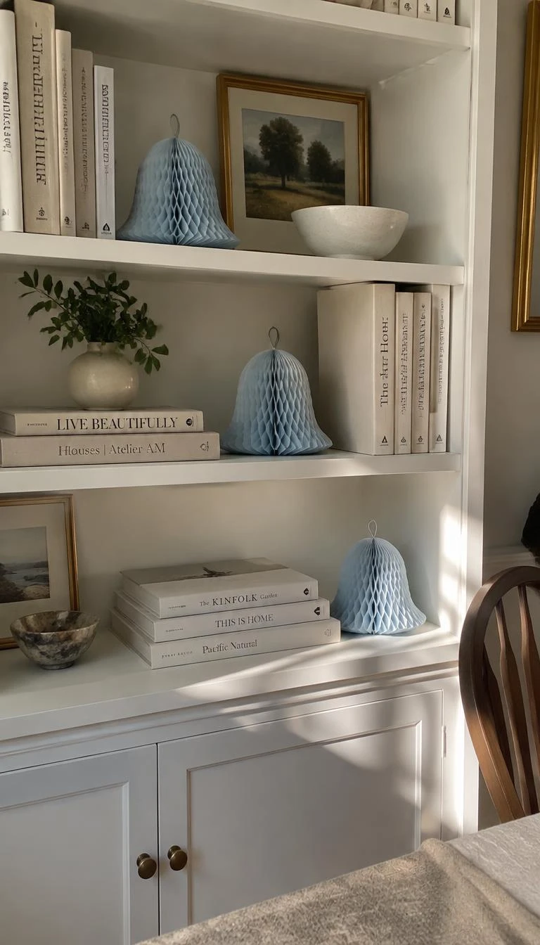 Anchor an Open Bookshelf with Powder Blue Honeycomb Paper Bells A candid, realistic iPhone photograph of a painted white wood bookshelf, styled with stacks of linen books and three powder blue honeycomb paper bells resting on shelves, soft afternoon sunlight in a quiet study.