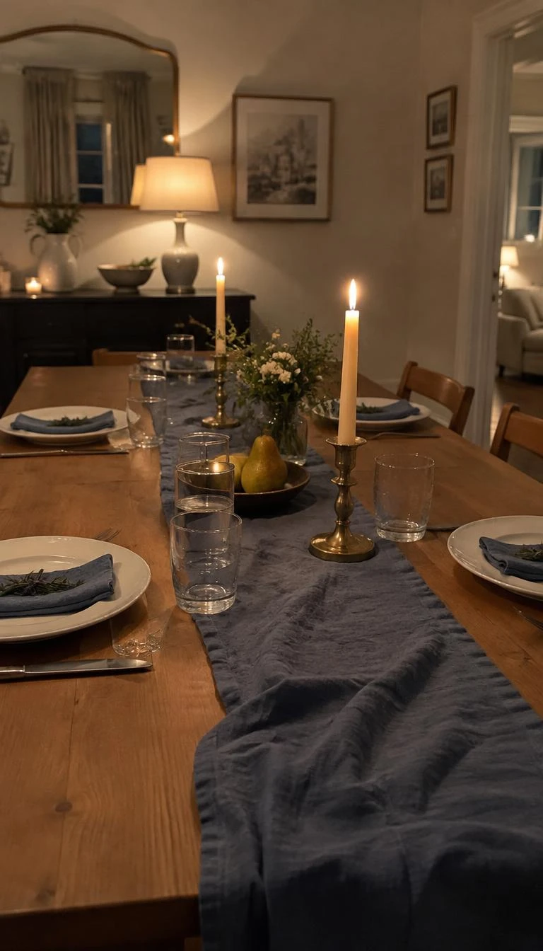 Layer Slate Blue Linen Runners Across Oak Dining Tables A candid, realistic iPhone photograph of a dining room table set for a quiet dinner, featuring a rumpled slate blue washed linen runner, white ceramic plates, clear water glasses, beeswax tapers, soft ambient lighting.