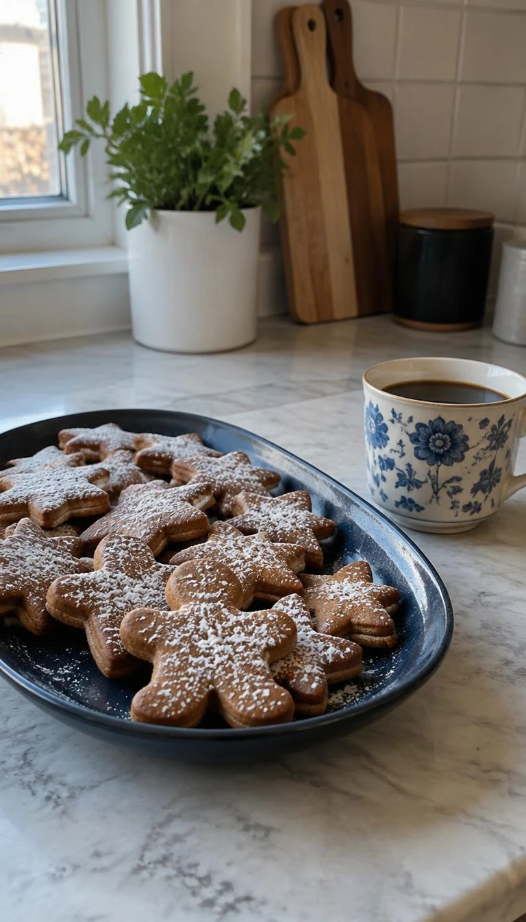 Set Earthenware Platters in Ink Blue for Holiday Treats A candid, realistic iPhone photograph of a kitchen counter with a dark ink blue glazed earthenware platter filled with powdered sugar gingerbread cookies, a cup of black coffee beside, natural morning window light.