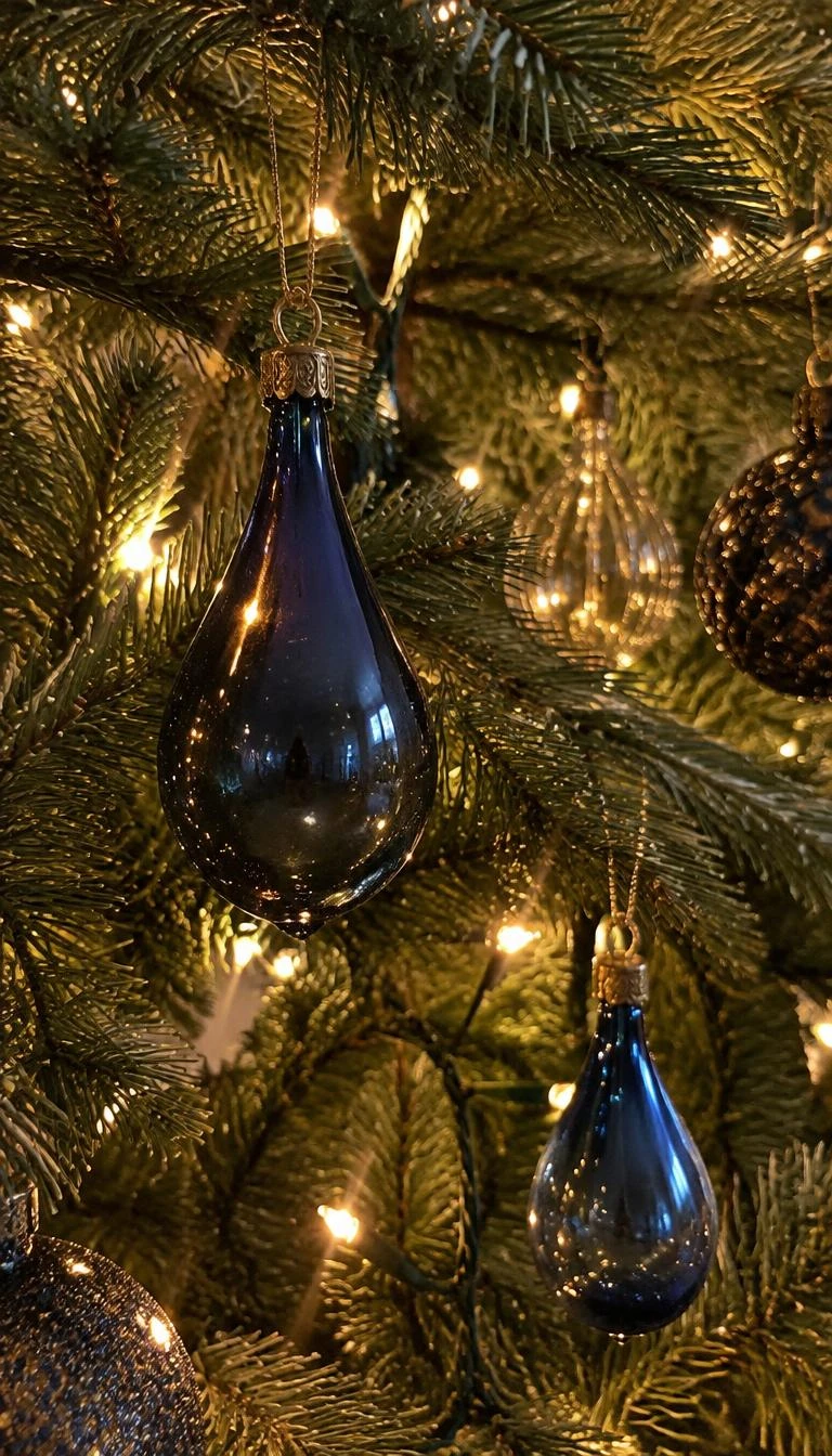 Hang Smoked Navy Glass Teardrops Near Warm Fairy Lights A candid, realistic iPhone photograph of an illuminated Christmas tree interior, showing smoked navy glass teardrop pendants hanging near small warm white micro lights, glowing amber and blue reflections.