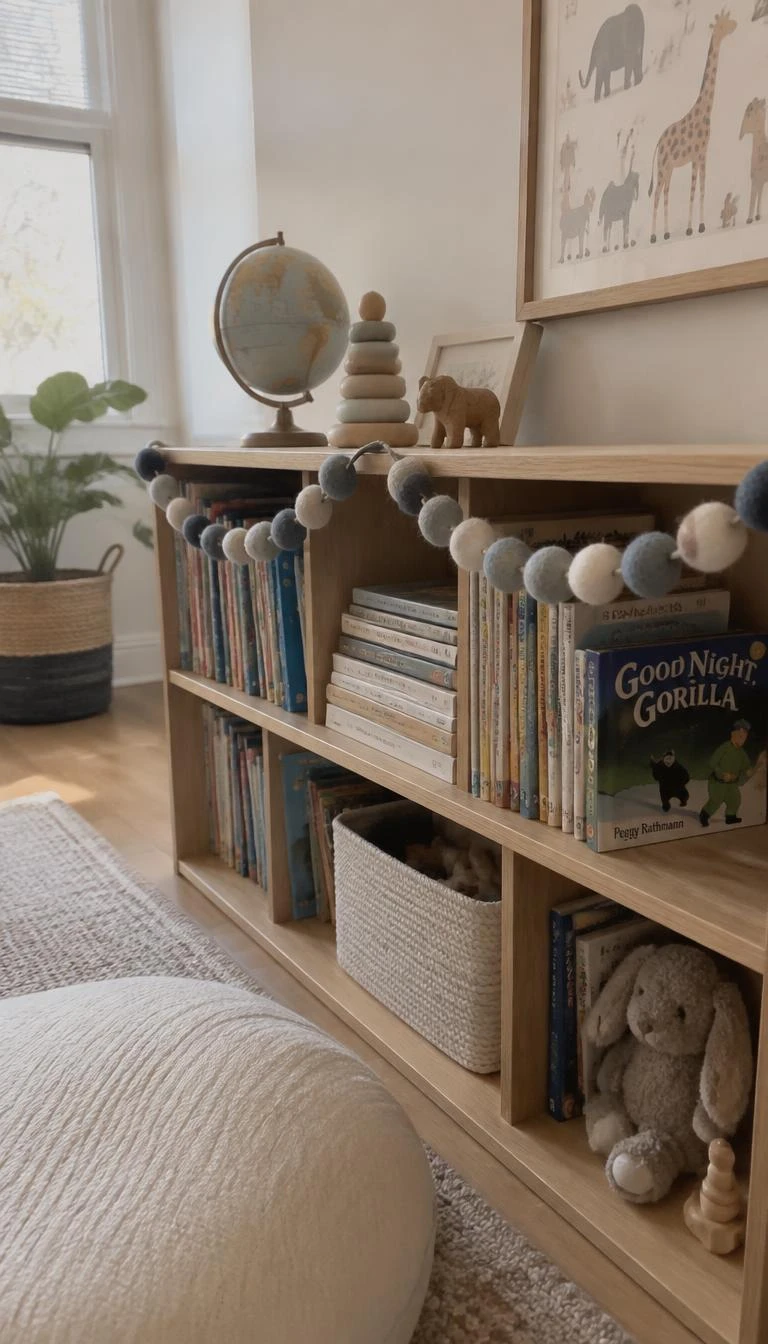 Thread Steel Blue Felt Baubles on a Garland for Children A candid, realistic iPhone photograph of a low wooden children's room bookshelf, decorated with a string garland of wool felt balls in steel blue, oatmeal, and cream tones, gentle daylight across the room.
