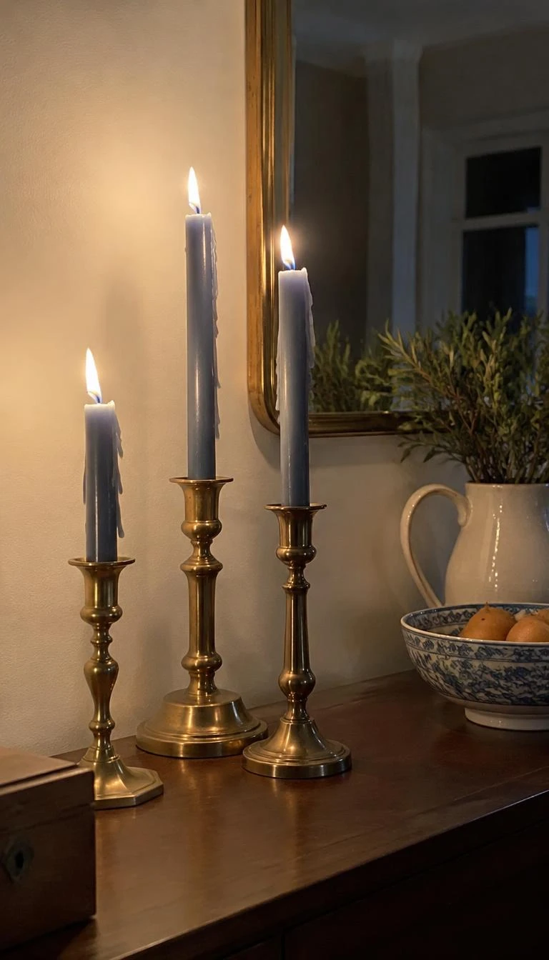 Place Dusty Blue Taper Candles in Brass Holders A candid, realistic iPhone photograph of a dining table sideboard with three varied heights of unlacquered brass candlesticks holding dusty blue beeswax tapers, dripping wax details, gentle flame glow, evening dusk light.