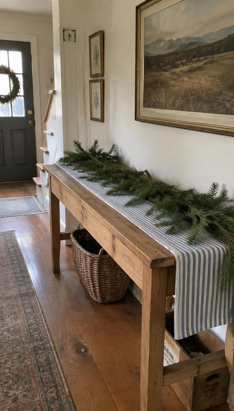 Combine Muted Blue Ticking Stripe Fabric with Plain Greenery A candid, realistic iPhone photograph of an old pine console table decorated with a folded blue ticking stripe runner and an unadorned garland of fresh pine, soft daylight filling the cottage hallway.