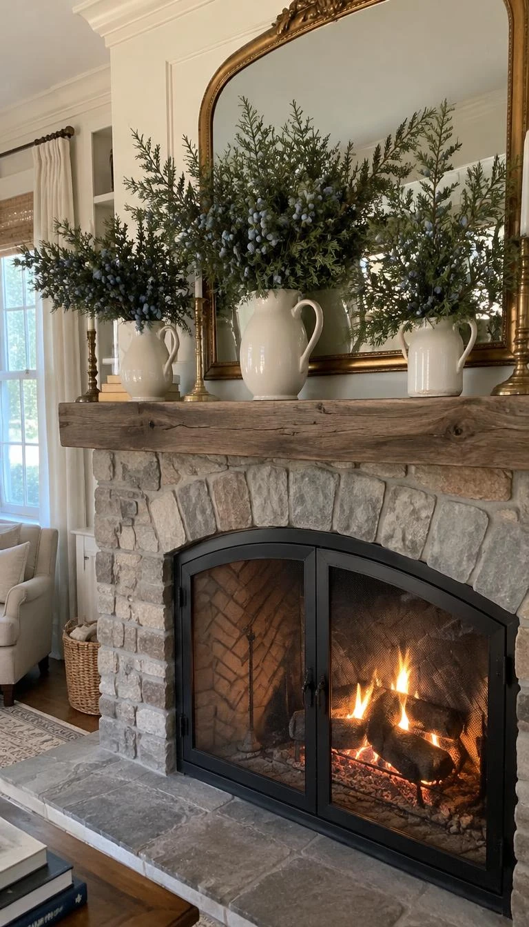 Style a Mantel with Ironstone Pitchers and Juniper Sprigs A candid, realistic iPhone photograph of a living room fireplace mantel featuring three vintage white ironstone pitchers holding fresh juniper branches loaded with dusty blue berries, warm hearth fire below.
