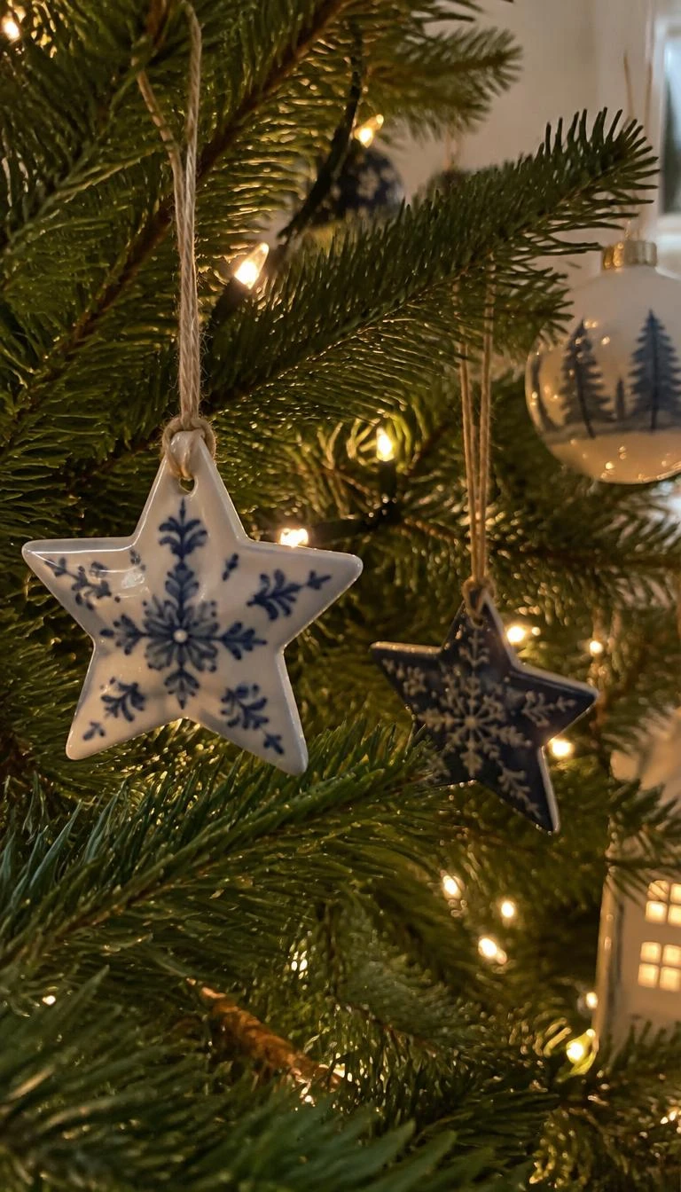 Hang Glazed Delft Ceramic Stars on Evergreen Boughs A candid, realistic iPhone photograph of Christmas tree branches close up, showing hand glazed white and cobalt ceramic star ornaments hanging from thin hemp twine among fresh pine needles, warm fairy lights glowing behind.