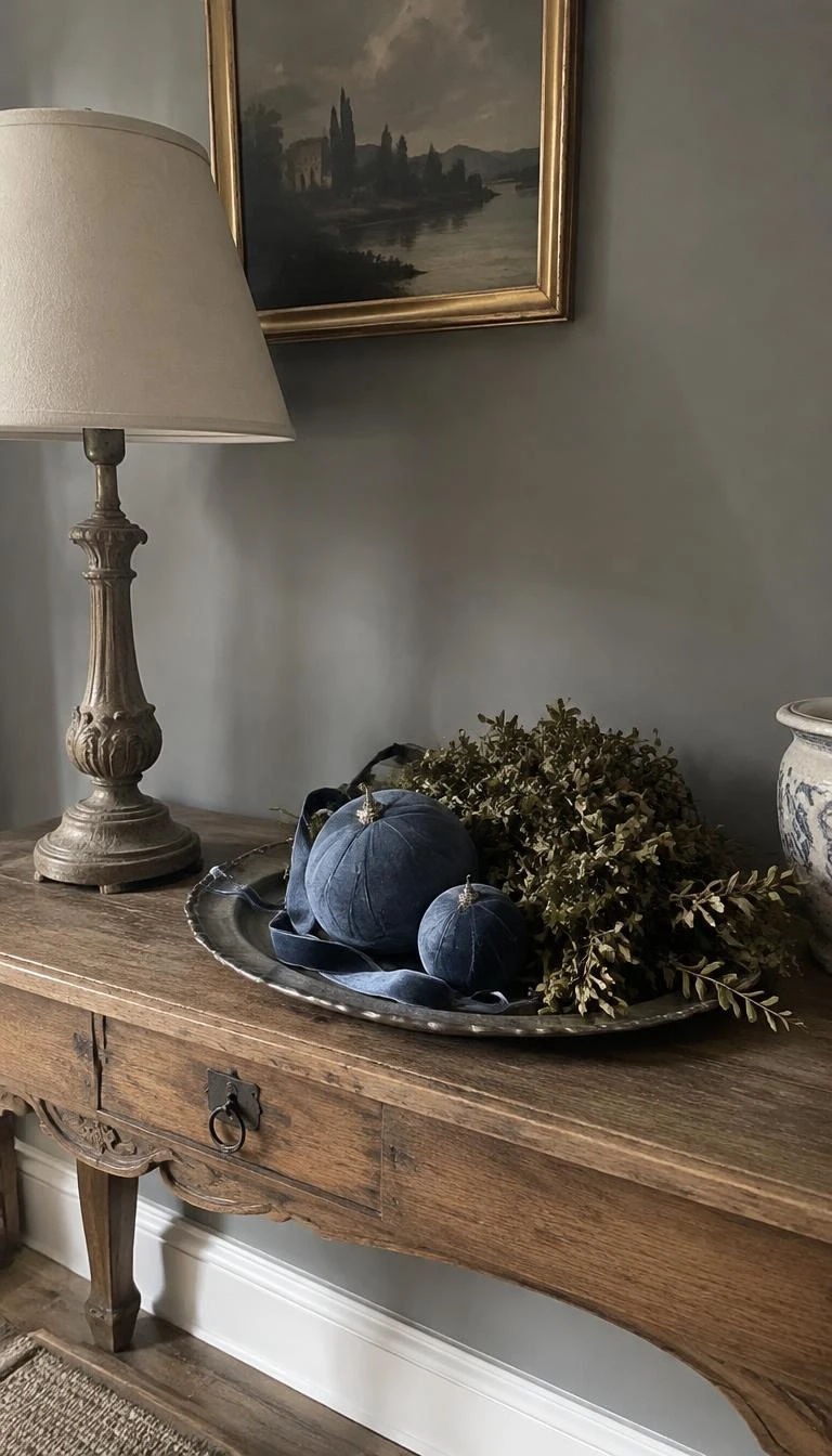 Swap Bright Silver for Weathered Pewter and French Blue Accents A candid, realistic iPhone photograph of an antique wooden console table with a tarnished pewter tray holding French blue velvet ornaments and dried boxwood clippings, soft daylight, muted gray painted wall.