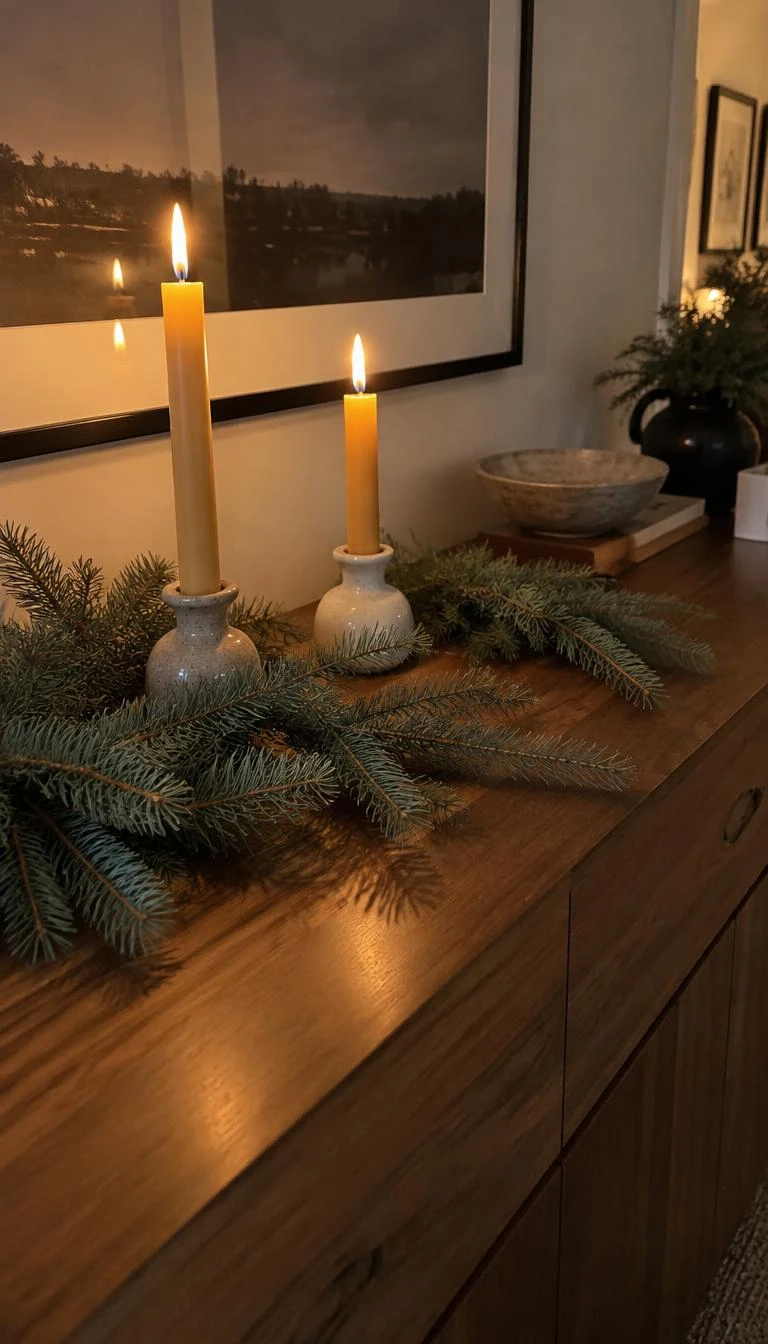Scatter Blue Spruce Cuttings Along a Sideboard A candid, realistic iPhone photograph of a dining room sideboard made of walnut wood, scattered with silvery blue spruce cuttings, two beeswax candles burning in ceramic holders, soft evening ambiance.