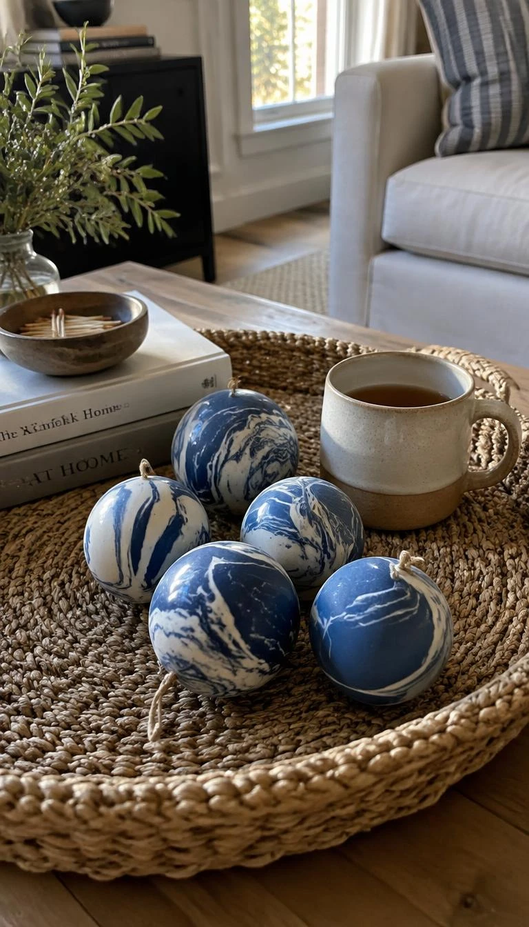 Place Cerulean Marbled Ornaments Inside Woven Seagrass Trays A candid, realistic iPhone photograph of a coffee table setting, showing a round woven seagrass tray containing five hand marbled cerulean and white paper mache ornaments, a clay mug of tea, morning window light.