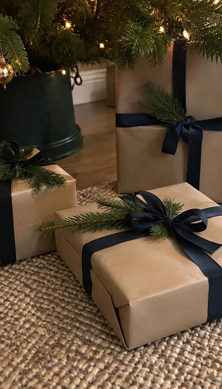 Wrap Gifts in Plain Kraft Paper and Navy Silk Twill A candid, realistic iPhone photograph of wrapped holiday gifts resting on a woven wool rug under a tree, plain brown kraft paper wrapped boxes tied with navy blue silk twill ribbon, fresh pine sprigs tucked in knots.