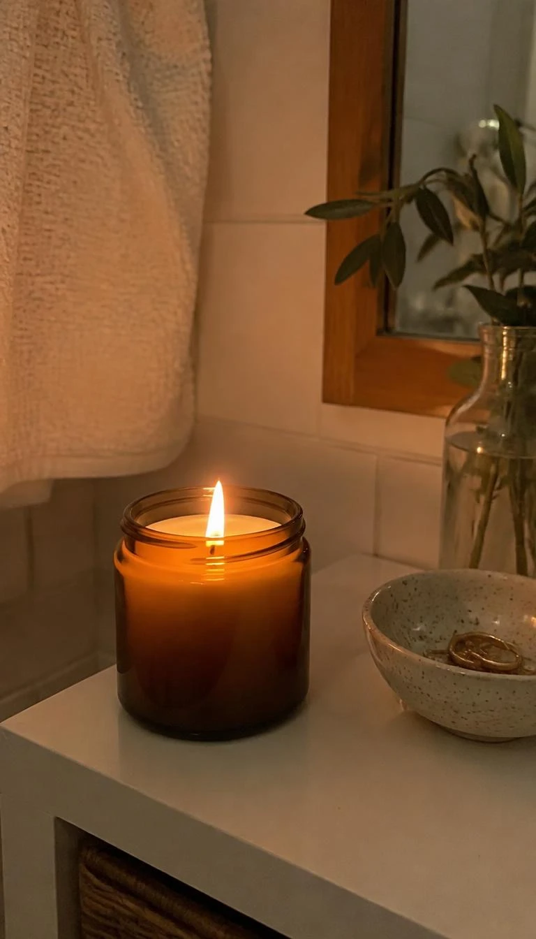 Light a Sandalwood and Fir Scented Beeswax Candle A candid, realistic iPhone photograph of a bathroom shelf, showing a natural yellow beeswax candle in a simple amber jar burning gently beside a small ceramic bowl under soft evening lamplight.