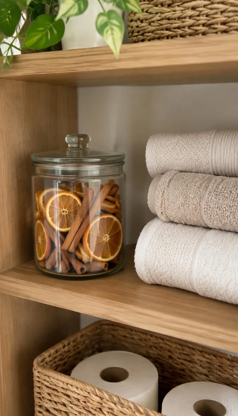 Add Dried Orange Slices to a Small Glass Canister A candid, realistic iPhone photograph of an open wooden bathroom shelf, showing a clear glass canister filled with translucent dried orange slices and cinnamon bark sitting next to rolled towels under gentle daylight.
